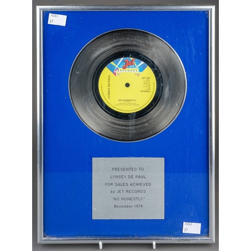 102 - Lynsey De Paul - No Honestly - November 1974 Original Sales Award 7 inch offiicial presented to Lyns... 