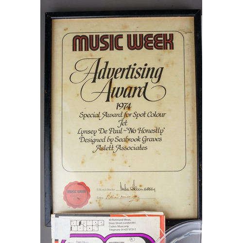 124 - Lynsey De Paul Ephemera Award - a small collection including a framed 1974 advertising award. A lett... 