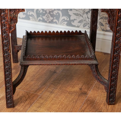 168 - An early 20th Century Burmese carved square top occasional table, profusely carved top with central ... 