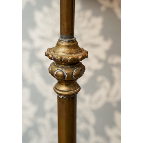 171 - Tall brass floor lamp on 3 feet with a large cream shade ( approx. height including shade 185 cm)