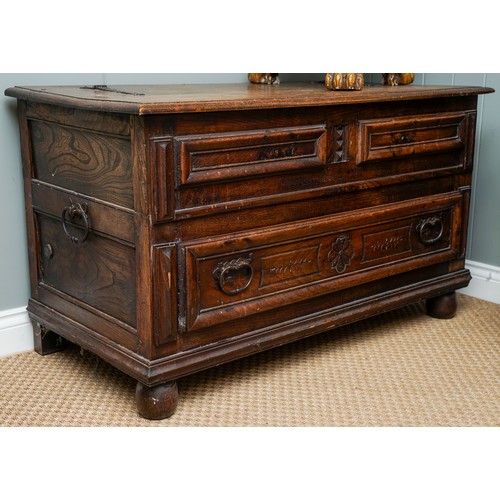 172 - Large heavy oak two section blanket chest with a compartment over a draw with 2 brass handles. Brass... 