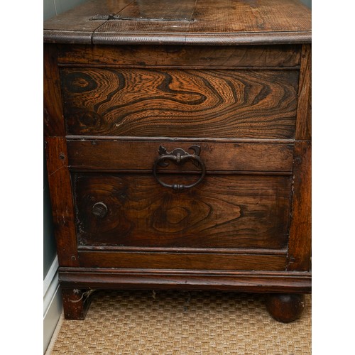 172 - Large heavy oak two section blanket chest with a compartment over a draw with 2 brass handles. Brass... 