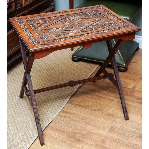 174 - Hardwood carved top cross leg side table approx 65 x 47 cm