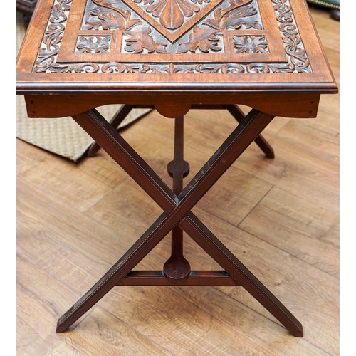 174 - Hardwood carved top cross leg side table approx 65 x 47 cm