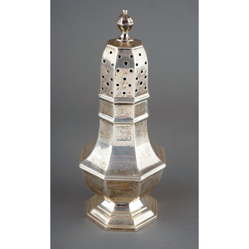 180 - A George I style silver plain octagonal caster, pierced domed cover, hallmarked by Goldsmiths & Silv... 