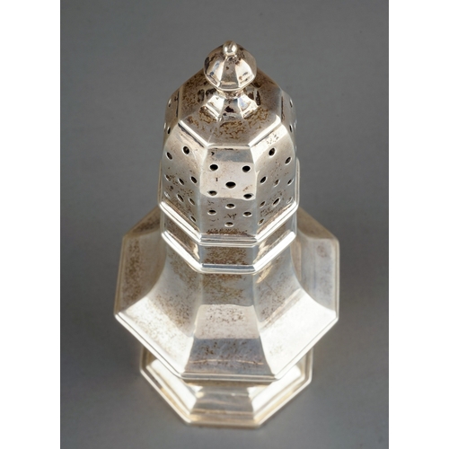 180 - A George I style silver plain octagonal caster, pierced domed cover, hallmarked by Goldsmiths & Silv... 