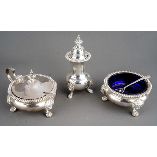 189 - A Georgian style three piece silver condiment set to include: pepper pot, mustard pot with cover and... 