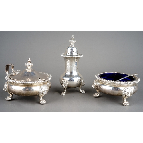 189 - A Georgian style three piece silver condiment set to include: pepper pot, mustard pot with cover and... 