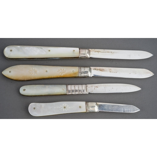 191 - A George III silver and mother-of-pearl fruit knife, hallmarked Sheffield, 1817 together with three ... 