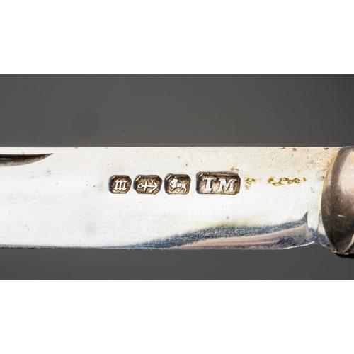 191 - A George III silver and mother-of-pearl fruit knife, hallmarked Sheffield, 1817 together with three ... 