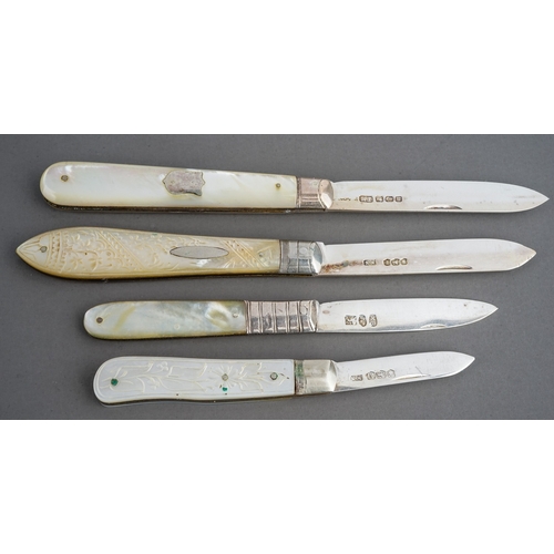 191 - A George III silver and mother-of-pearl fruit knife, hallmarked Sheffield, 1817 together with three ... 