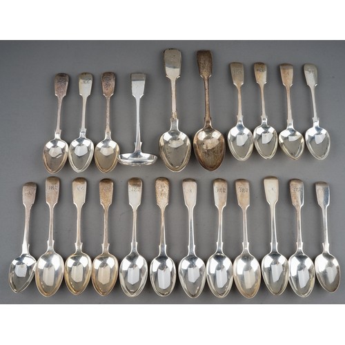 200 - A collection of 19th Century silver fiddle pattern flatware mainly teaspoons with two dessert spoons... 