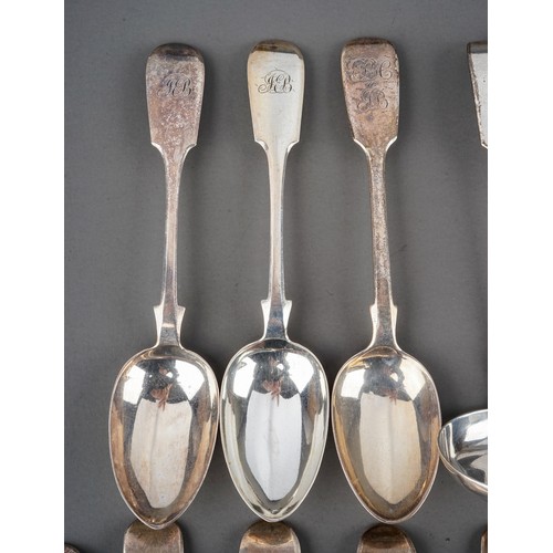 200 - A collection of 19th Century silver fiddle pattern flatware mainly teaspoons with two dessert spoons... 