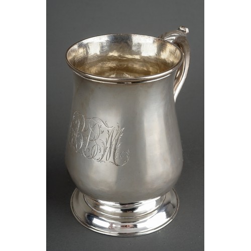 206 - A George III silver mug, baluster shaped engraved with initials, S-scroll handle with acanthus thumb... 