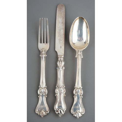 215 - A Victorian silver Christening set including fork, spoon and knife, each handle engraved with initia... 