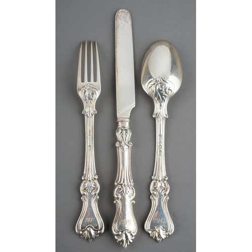 215 - A Victorian silver Christening set including fork, spoon and knife, each handle engraved with initia... 