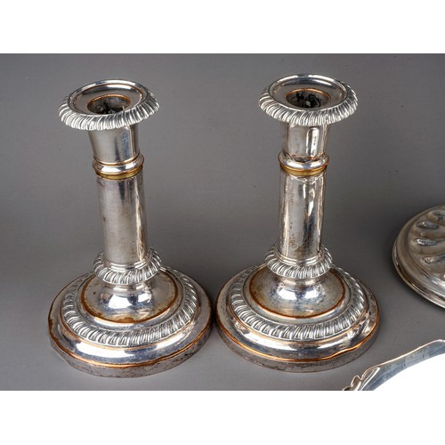 223 - A collection of silver plate to include: a pair of Sheffield plate style telescopic candlesticks (un... 