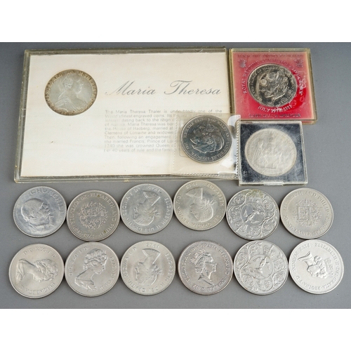 230 - Coins - including an Austrian Maria Theresa silver Thaler, dated 1780; Churchill crowns; commemorati... 