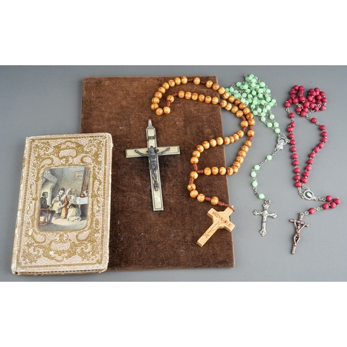 271 - 3 rosemary beads including a set of wooden ones together with mounted crucifix together with a Frenc... 