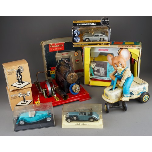 279 - Assorted vintage toys to include: boxed Vulcan Child's electric sewing machine; boxed Mamod Steam En... 