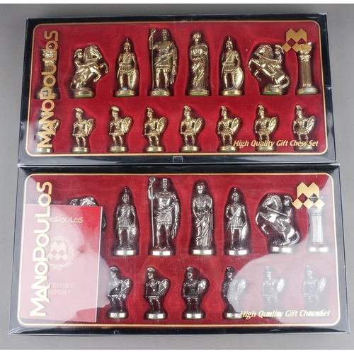 284 - Two Manopoulos gift chess sets cast as Greek-Roman warriors (silver and gold coloured) - 2 boxes