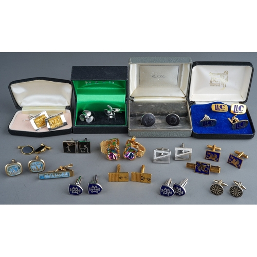 321 - A collection of cufflinks, including gold plated, dart boards, enamelled, 1970's, Wedgwood silver an... 