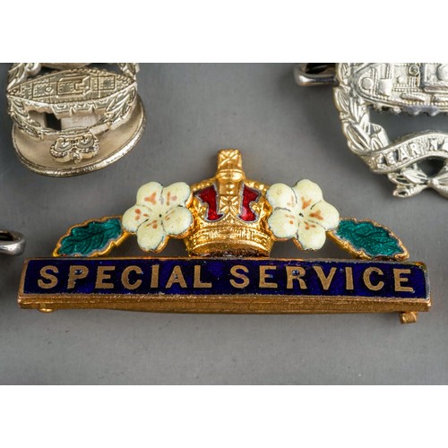 323 - Militaria: a Primrose League bar badge; three white metal Royal Tank Regiment badges and eight assor... 