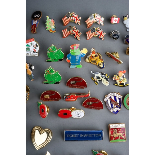 325 - A large collection of vintage and modern novelty metal and enamel lapel badges to include: Euro Disn... 