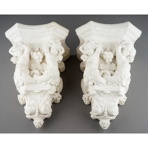 329 - A pair of Copeland Parian wall brackets, shaped tops above volute scrolls and putti with swags of fr... 