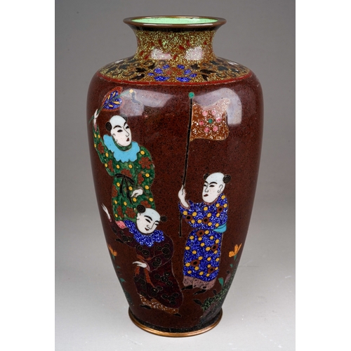 331 - A Japanese cloisonne vase with five male figures in garden setting, one holding a flag, the other a ... 