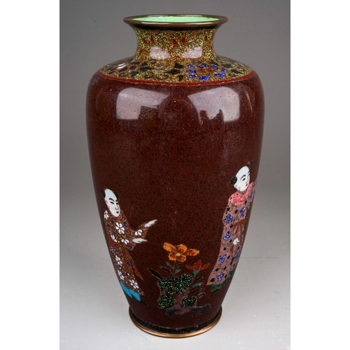 331 - A Japanese cloisonne vase with five male figures in garden setting, one holding a flag, the other a ... 