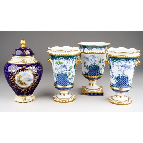 332 - A set of three early 20th Century Royal Crown Derby table garnitures decorated with Chinese pheasant... 