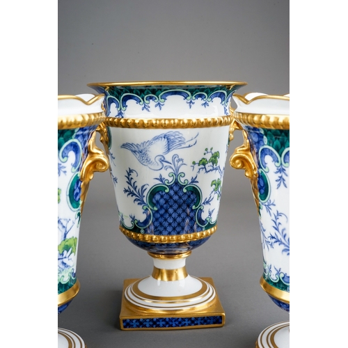 332 - A set of three early 20th Century Royal Crown Derby table garnitures decorated with Chinese pheasant... 