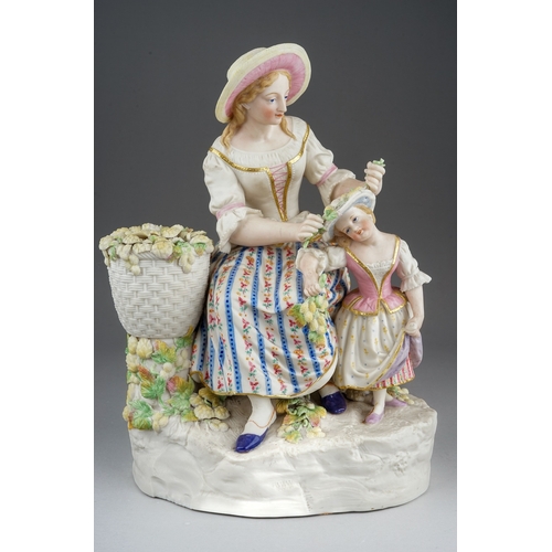 333 - A Continental parian model of a mother and daughter wearing 18th Century dress painted and gilt, the... 