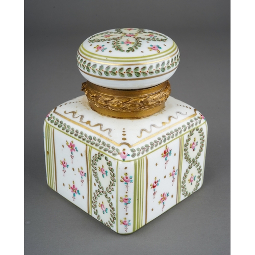 336 - A 19th Century French gilt mounted porcelain inkstand painted with garlands of flowers, blue undergl... 