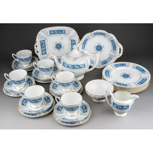 346 - Coalport Revelry tea set for 6 including teapot, milk, sugar, 6 trios, cake plates etc. Decorated wi... 