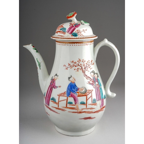 358 - A Worcester coffee pot and cover, circa 1775-80, decorated in the Mandarin Style with four figures, ... 