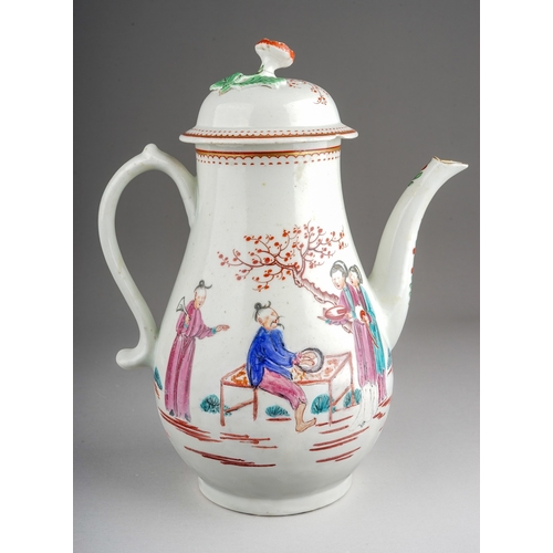 358 - A Worcester coffee pot and cover, circa 1775-80, decorated in the Mandarin Style with four figures, ... 