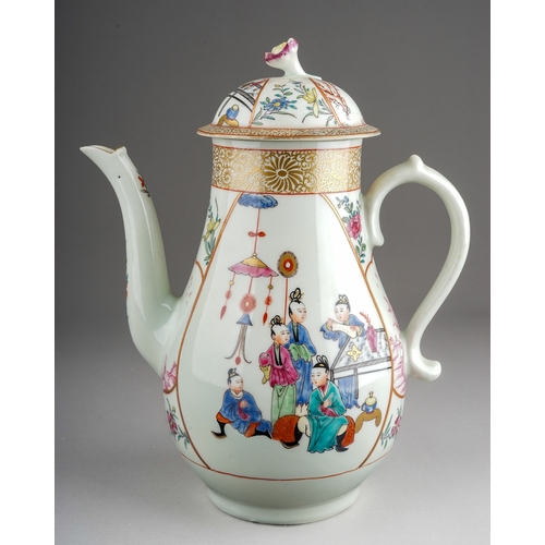 359 - A Worcester coffee pot and cover, circa 1770 (First Period), pear shaped decorated in the Mandarin s...