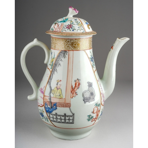 359 - A Worcester coffee pot and cover, circa 1770 (First Period), pear shaped decorated in the Mandarin s... 