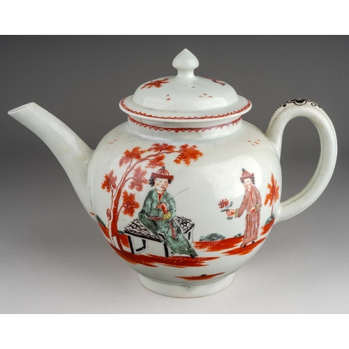 362 - A Liverpool teapot and cover, globular Famille Rose painted in the Chinese 