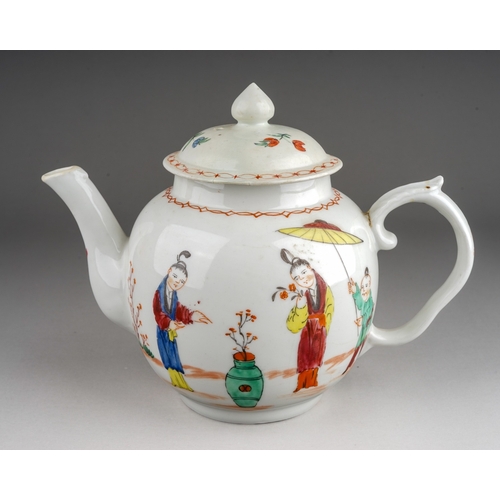 365 - A Champion’s Bristol teapot, circa 1770-1775, globular painted with two Chinese figures with large v... 