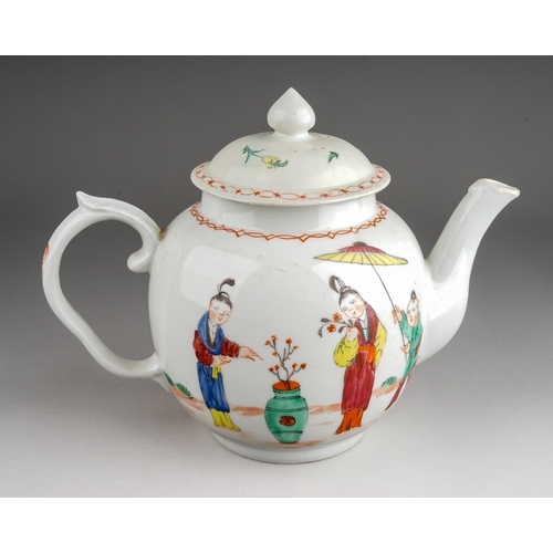 365 - A Champion’s Bristol teapot, circa 1770-1775, globular painted with two Chinese figures with large v... 