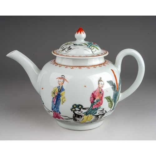 366 - A Bristol tea pot and cover, circa 1775-80, globular painted in the Mandarin style with four figures... 