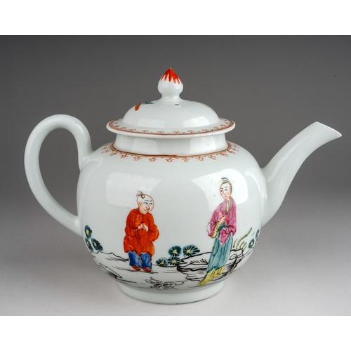 366 - A Bristol tea pot and cover, circa 1775-80, globular painted in the Mandarin style with four figures... 