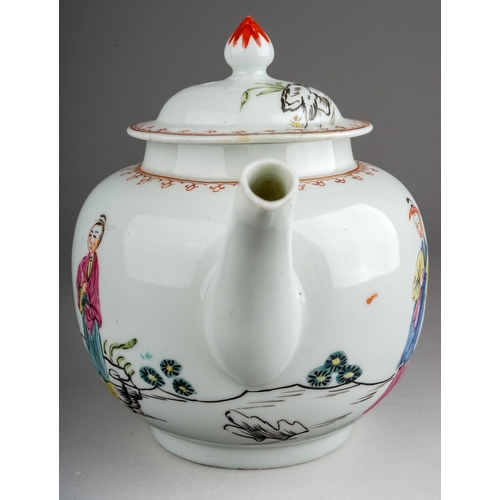 366 - A Bristol tea pot and cover, circa 1775-80, globular painted in the Mandarin style with four figures... 