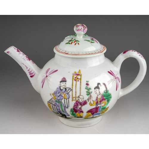 369 - A Bow tea pot with matched Worcester cover, circa 1760, globular decorated Famille Rose with Chinese... 