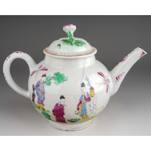 369 - A Bow tea pot with matched Worcester cover, circa 1760, globular decorated Famille Rose with Chinese... 