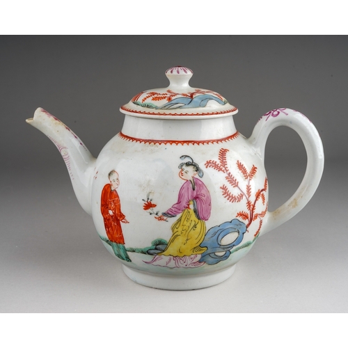 370 - A Bow tea pot and cover, circa 1765, small globular decorated in the Chinoiserie style with a Lady h... 