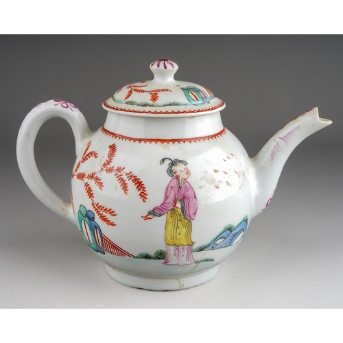 370 - A Bow tea pot and cover, circa 1765, small globular decorated in the Chinoiserie style with a Lady h... 